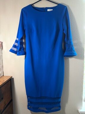 Calvin Klein Cobalt Blue Sheath Dress with Tiered Ruffle Sleeves